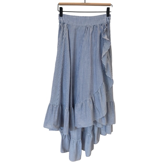 Maje Blue and White Striped Ruffled Wrap-Effect High-Low Maxi Skirt - Picture 9 of 13